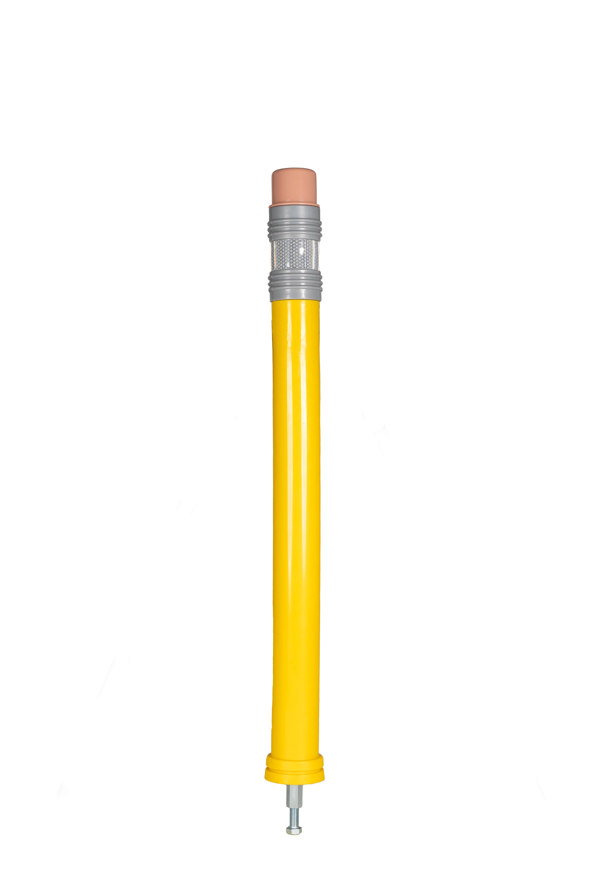 Absperrpoller in Form eines gelben Bleistifts mit grauen Reflektorstreifen und radiergummiähnlicher Kappe