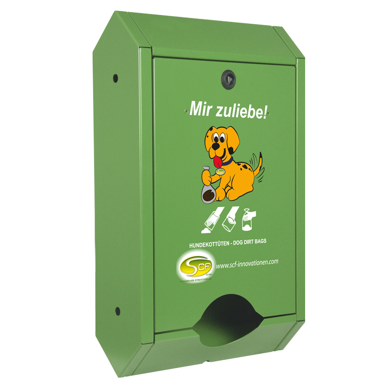 Hundekotbeutelspender Standard – Maigrün. Hundekotbeutelspender Standard in Maigrün mit abgewinkeltem Gehäuse, Hundemotiv, weißer Aufschrift „Mir zuliebe!“ und unterer Entnahmeöffnung.