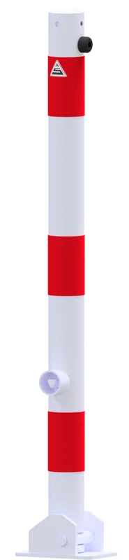 Weiß-roter Absperrpfosten mit reflektierenden Streifen, Dreikantverschluss und Bodenplatte mit Haltebügel