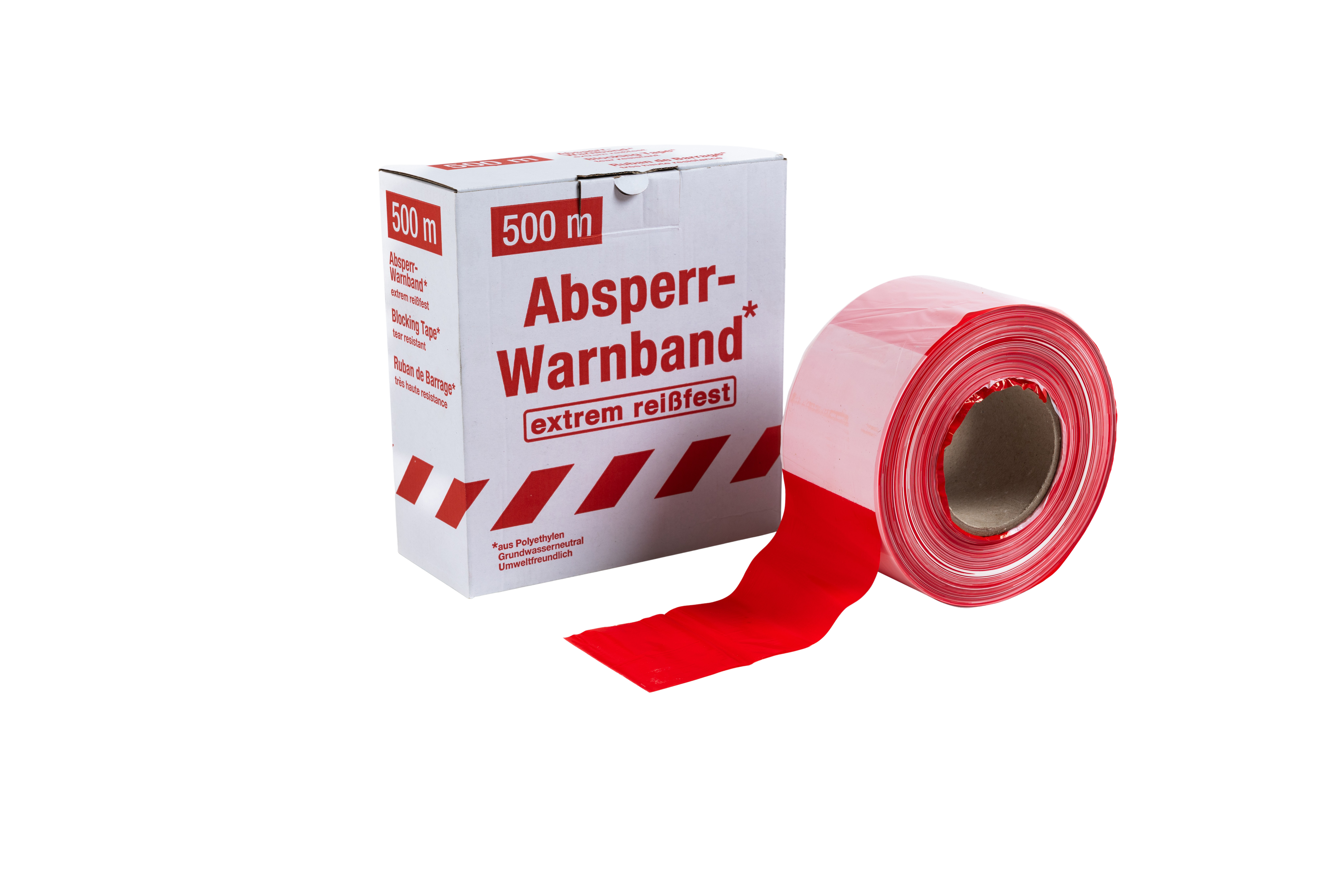 Absperrband – Flatterband extrem reißfest – 500 m Rolle mit Kartonverpackung Rote Rolle Absperrband mit Kartonverpackung – Aufdruck „Absperr-Warnband, extrem reißfest, 500 m“ – geeignet als Flatterband für temporäre Absperrungen