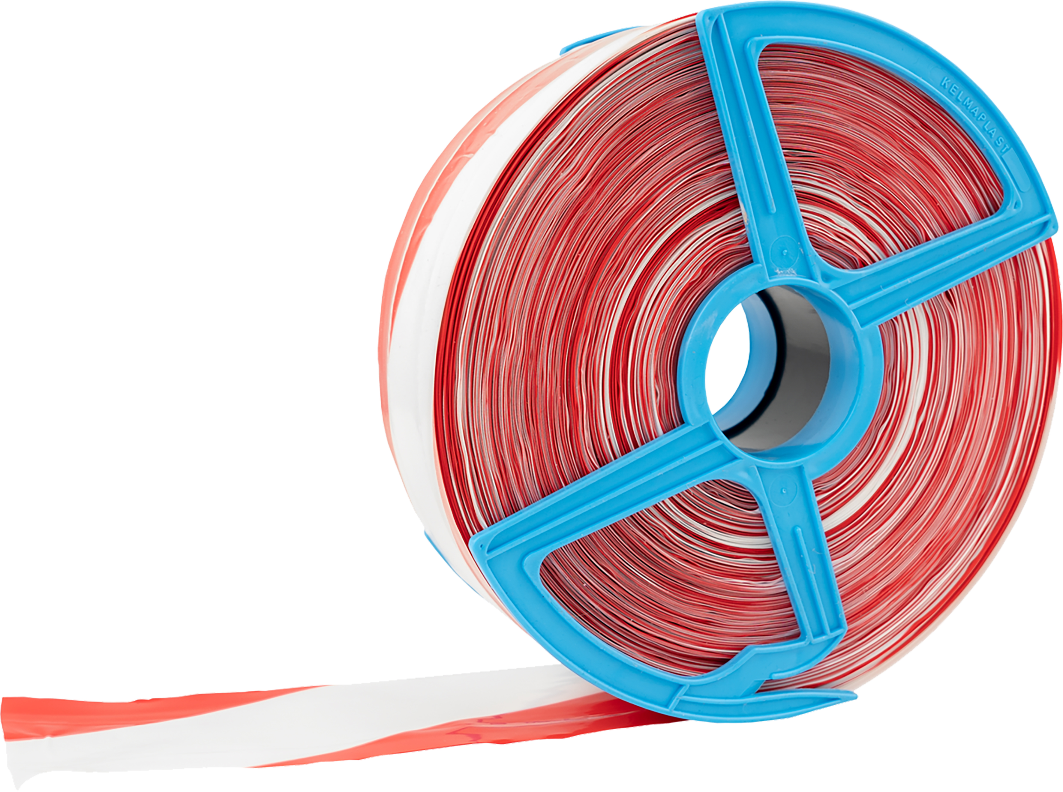 Nylon Absperrband – rot-weiß mit Abroller, extrem reißfest Nylon Absperrband in rot-weiß mit blauem Abroller, teilweise entrollt auf weißem Hintergrund