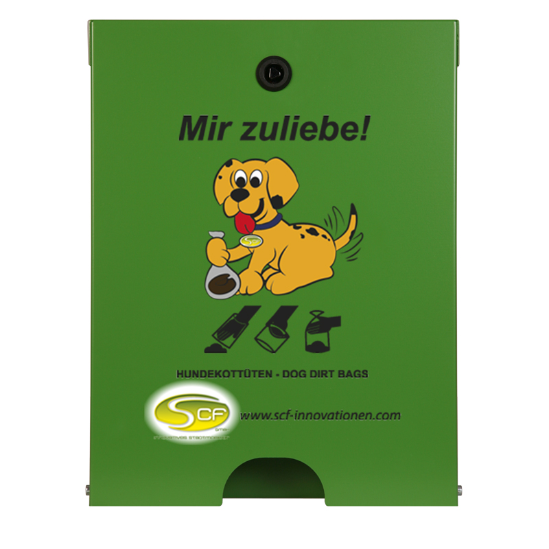Hundekotbeutelspender Flexi – Maigrün. Hundekotbeutelspender Flexi in Maigrün mit schwarzem „Mir zuliebe!“-Aufdruck und Hundemotiv.