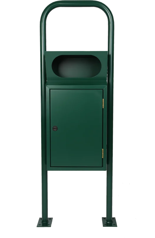 Grüner Mistkübel mit Griffloch-Einwurf, integriert in ein Bügelgestell mit abschließbarer Fronttür