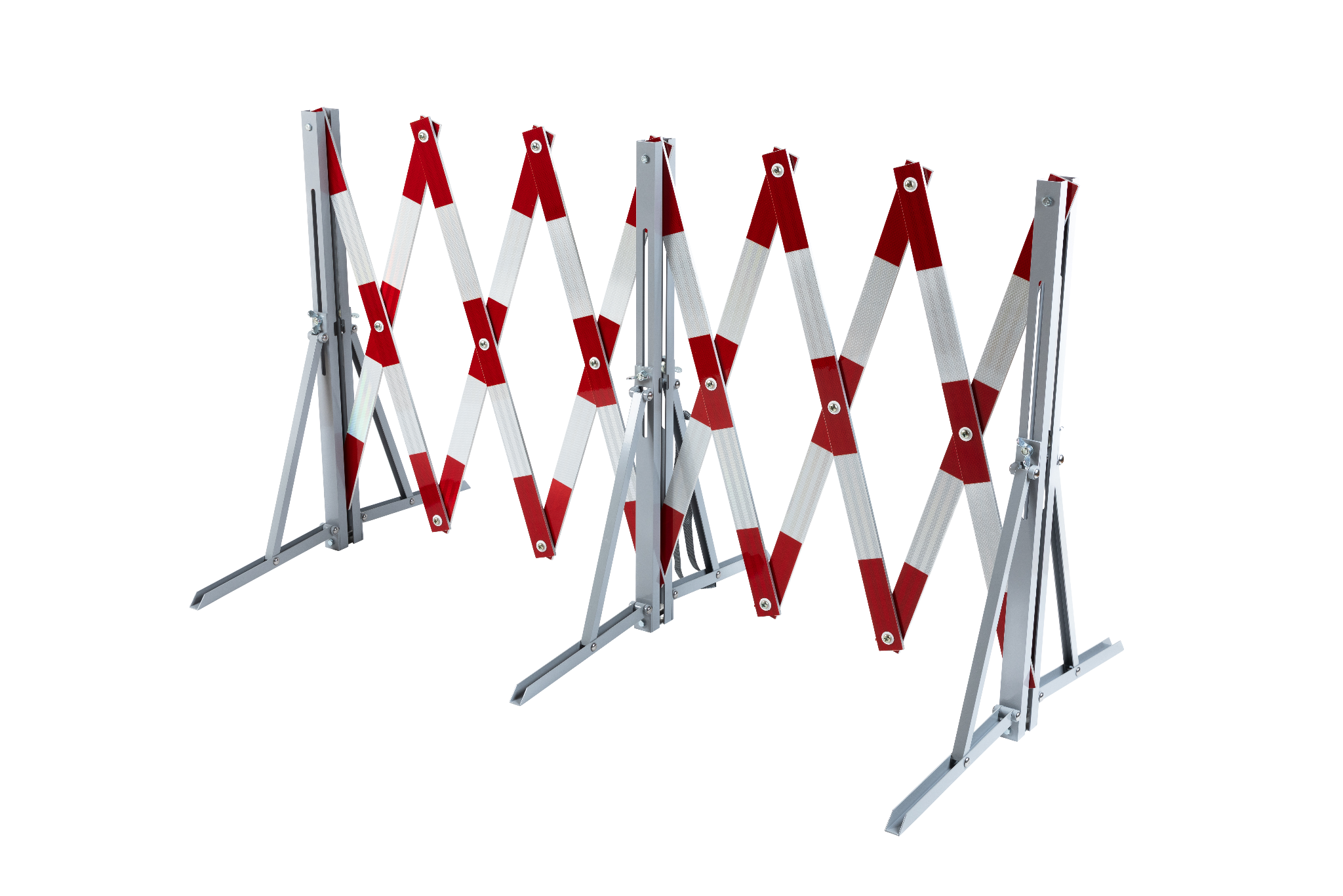 Ausgeklapptes Scherengitter aus Aluminium mit reflektierenden roten und weißen Streifen und stabilen Standfüßen