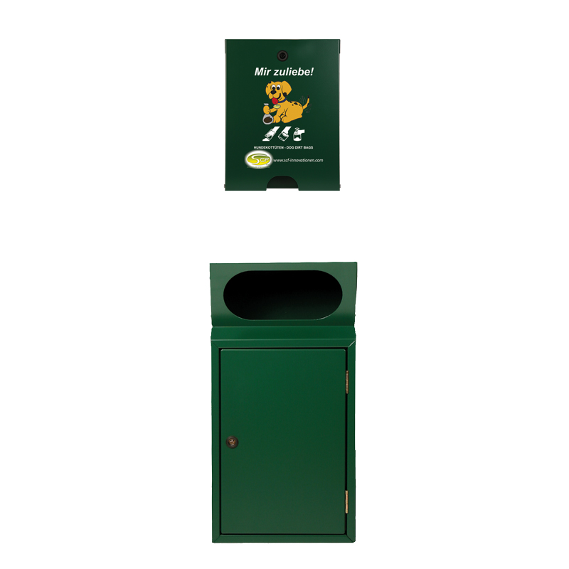 FLEXI COMBI mit Griffloch – Hundekotbeutelspender und Mistkübel in RAL 6005 Hundekotbeutelspender FLEXI und Mistkübel mit Griffloch in Dunkelgrün (RAL 6005), nebeneinander abgebildet.