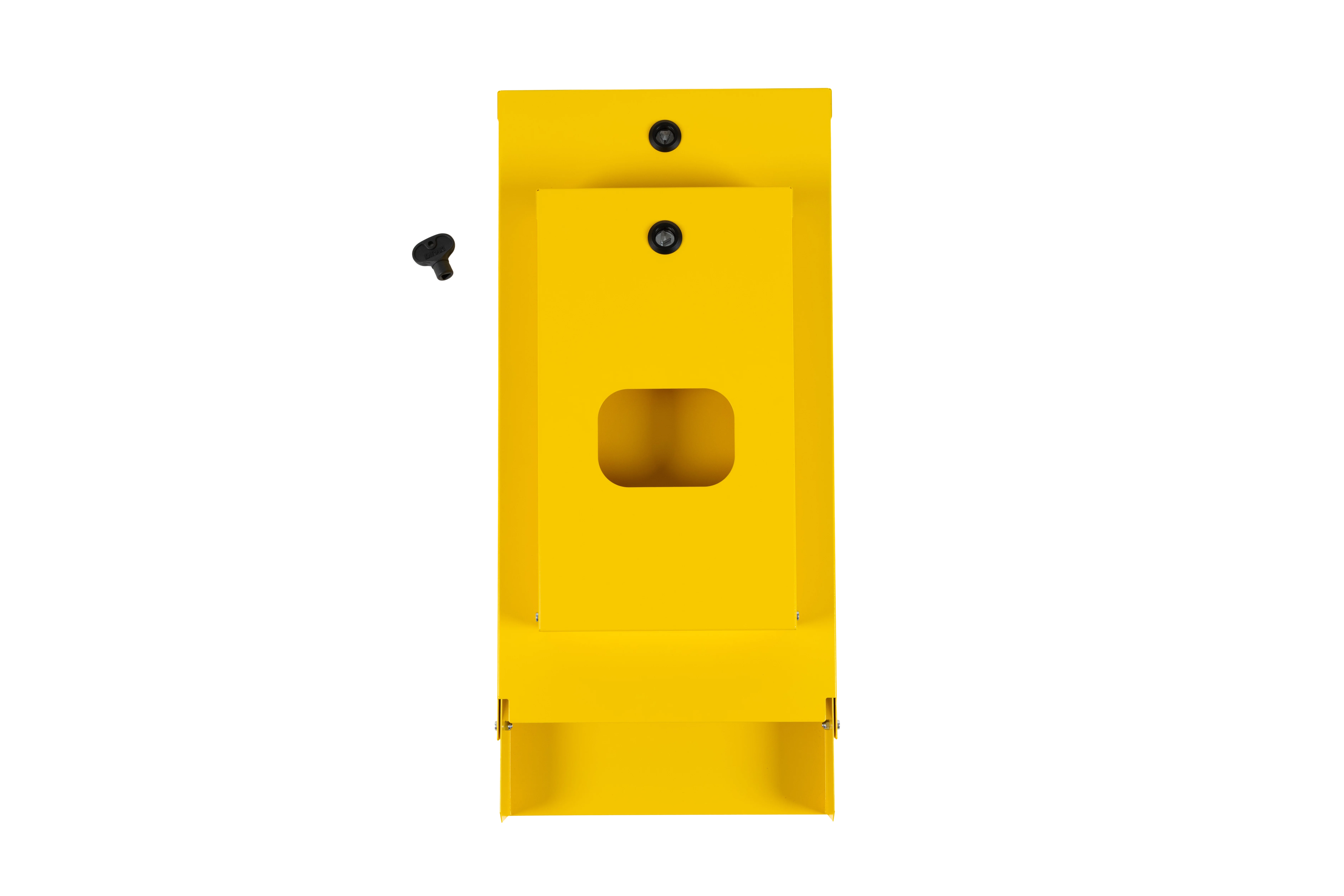 Hundekotbeutelspender Zsamramsack in Gelb mit integrierter Einweg-Handschuh-Spenderfunktion – ideal für den Außenbereich mir dreikantschlüssel