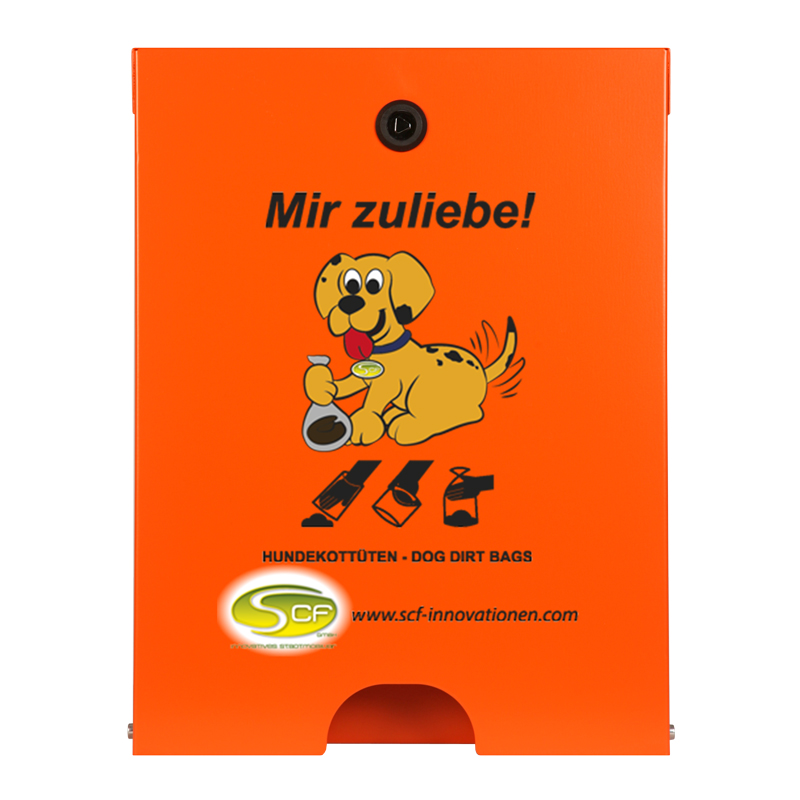  Hundekotbeutelspender Flexi in Reinorange mit schwarzem „Mir zuliebe!“-Aufdruck, lachendem Hundemotiv und Symbolen zur Beutelverwendung.