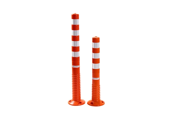 Zwei flexible Poller in Reinorange mit weißen Reflexstreifen und Bodenplatte, nebeneinander in unterschiedlicher Höhe abgebildet