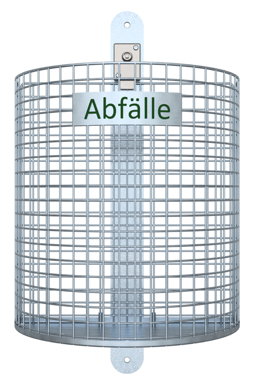 Vorderansicht eines runden Drahtgitter-Mistkübels mit verzinkter Wandhalterung und Schild „Abfälle“